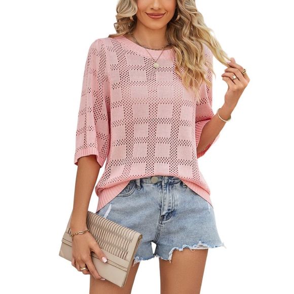 C.CLINE Pink Square Openwork Half Sleeve Hi Low Top Size L - Picture 4 of 6